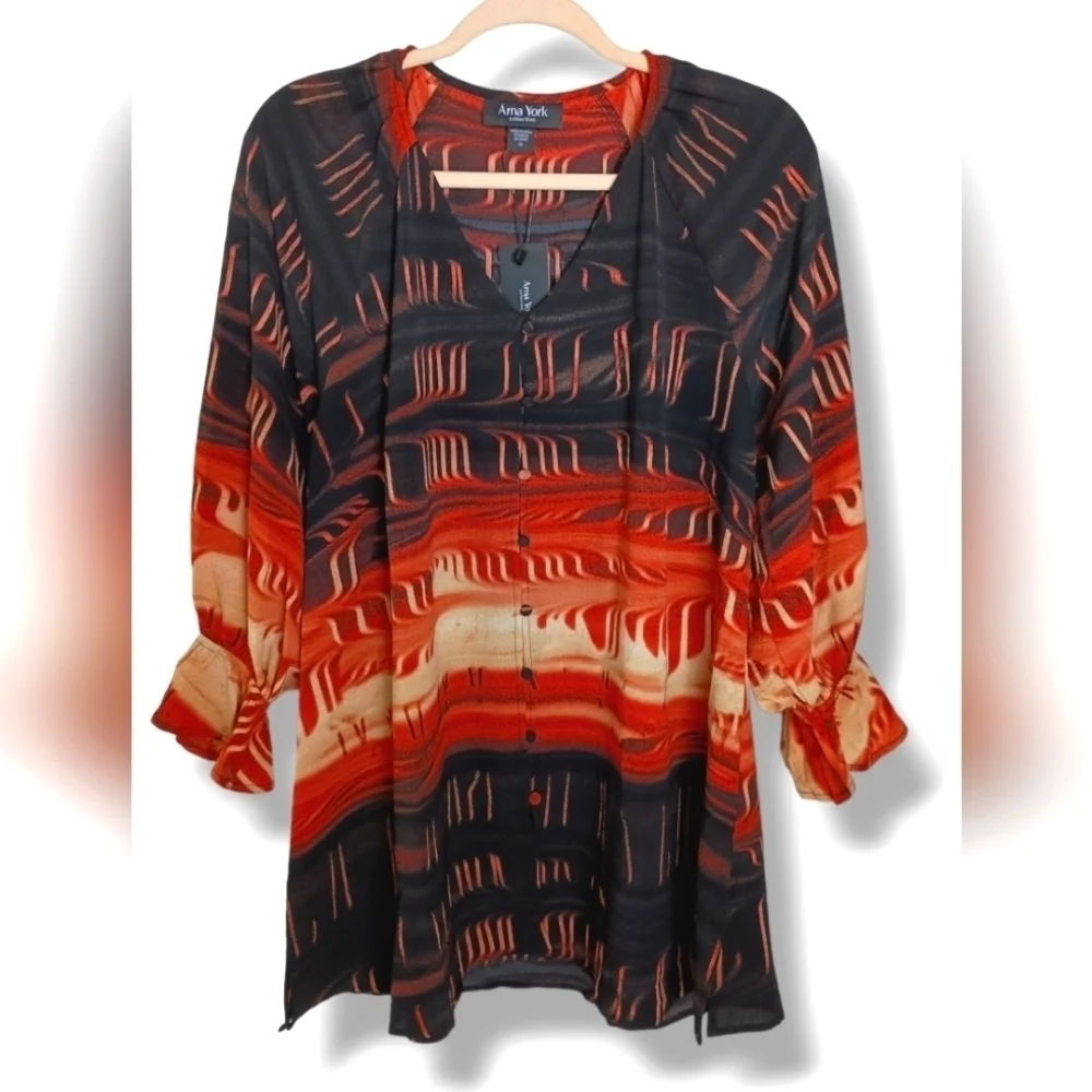 NWT Arna York Black Abstract Print Blouson Sleeve Tunic Top - Picture 6 of 11